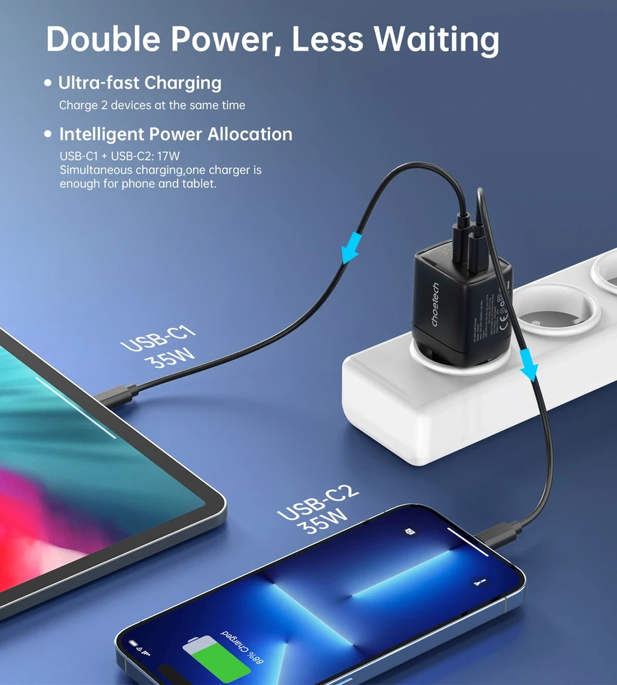 Sieninis įkroviklis GAN3 USB-C+C PD35W Choetech PD6051 (juodas)