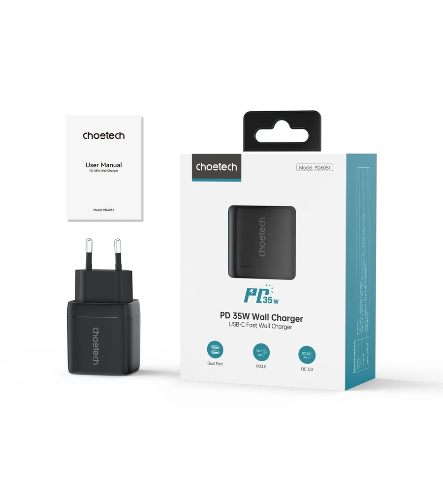 Sieninis įkroviklis GAN3 USB-C+C PD35W Choetech PD6051 (juodas)