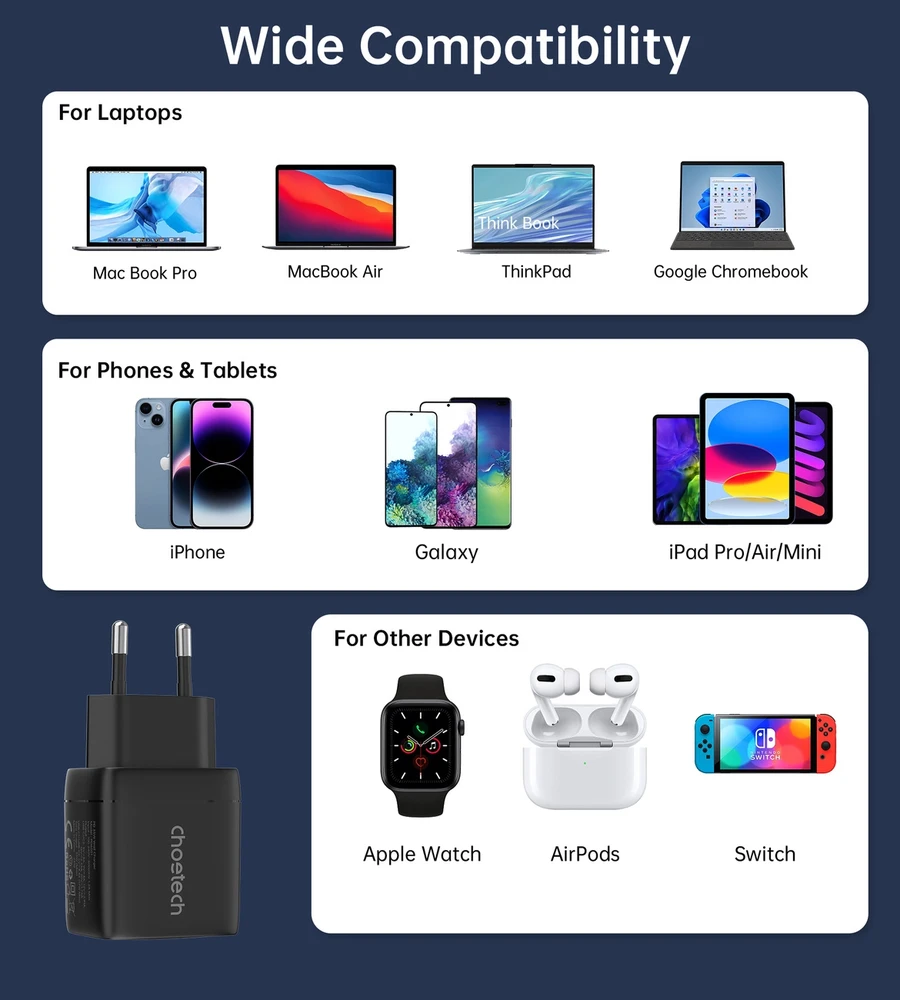 Sieninis įkroviklis GAN3 USB-C+C PD35W Choetech PD6051 (juodas)