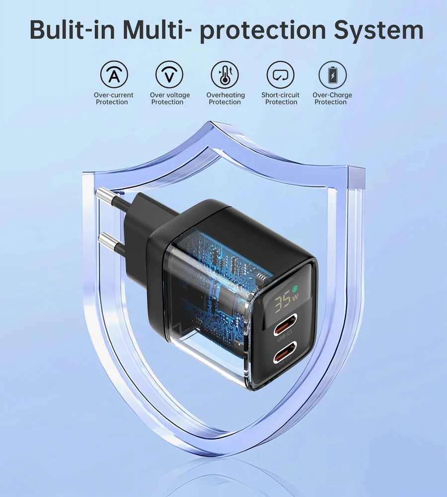 Sieninis įkroviklis GAN3 USB-C+C PD35W Choetech PD6051 (juodas)
