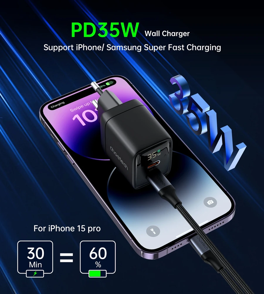 Sieninis įkroviklis GAN3 USB-C+C PD35W Choetech PD6051 (juodas)