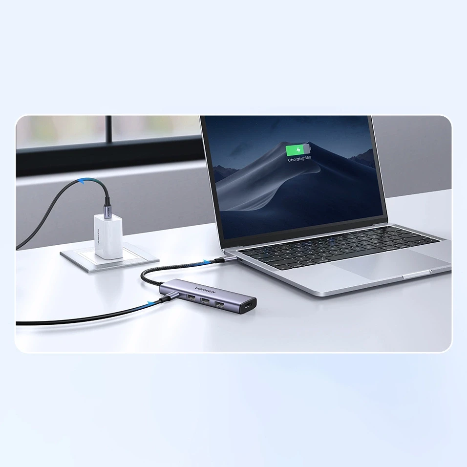 Adapteris Ugreen CM511 USB-C to HDMI 1.4 + 3xUSB-A + USB-C PD100W pilkas