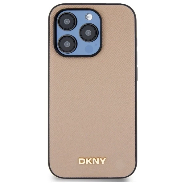 DKNY DKHMP15XPGHLME Apple iPhone 15 Pro Max 6.7″ beige kietas dėklas Grained Metal Logo MagSafe