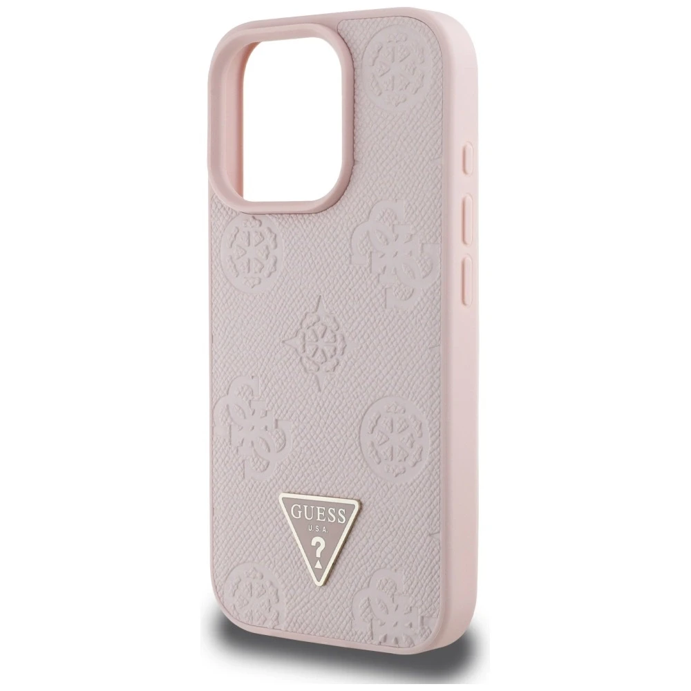 Dėklas Guess Grained Hot Stamp Peony Triangle Logo MagSafe Apple iPhone 16 Pro rožinės spalvos