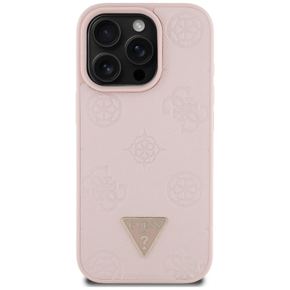 Dėklas Guess Grained Hot Stamp Peony Triangle Logo MagSafe Apple iPhone 16 Pro rožinės spalvos