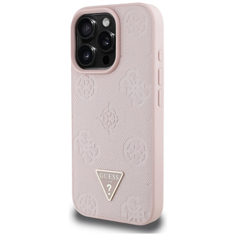 Dėklas Guess Grained Hot Stamp Peony Triangle Logo MagSafe Apple iPhone 16 Pro rožinės spalvos