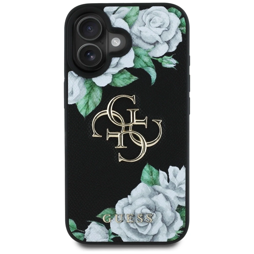 Dėklas Guess Grained Roses Big 4G logo Apple iPhone 16 juodos spalvos