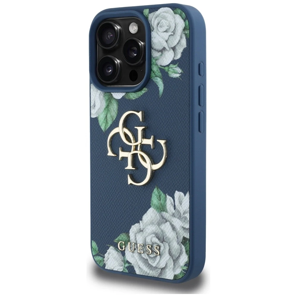 Dėklas Guess Grained Roses Big 4G logo Apple iPhone 16 Pro mėlynas