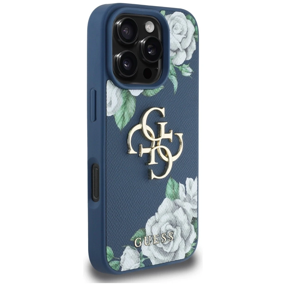 Dėklas Guess Grained Roses Big 4G logo Apple iPhone 16 Pro mėlynas