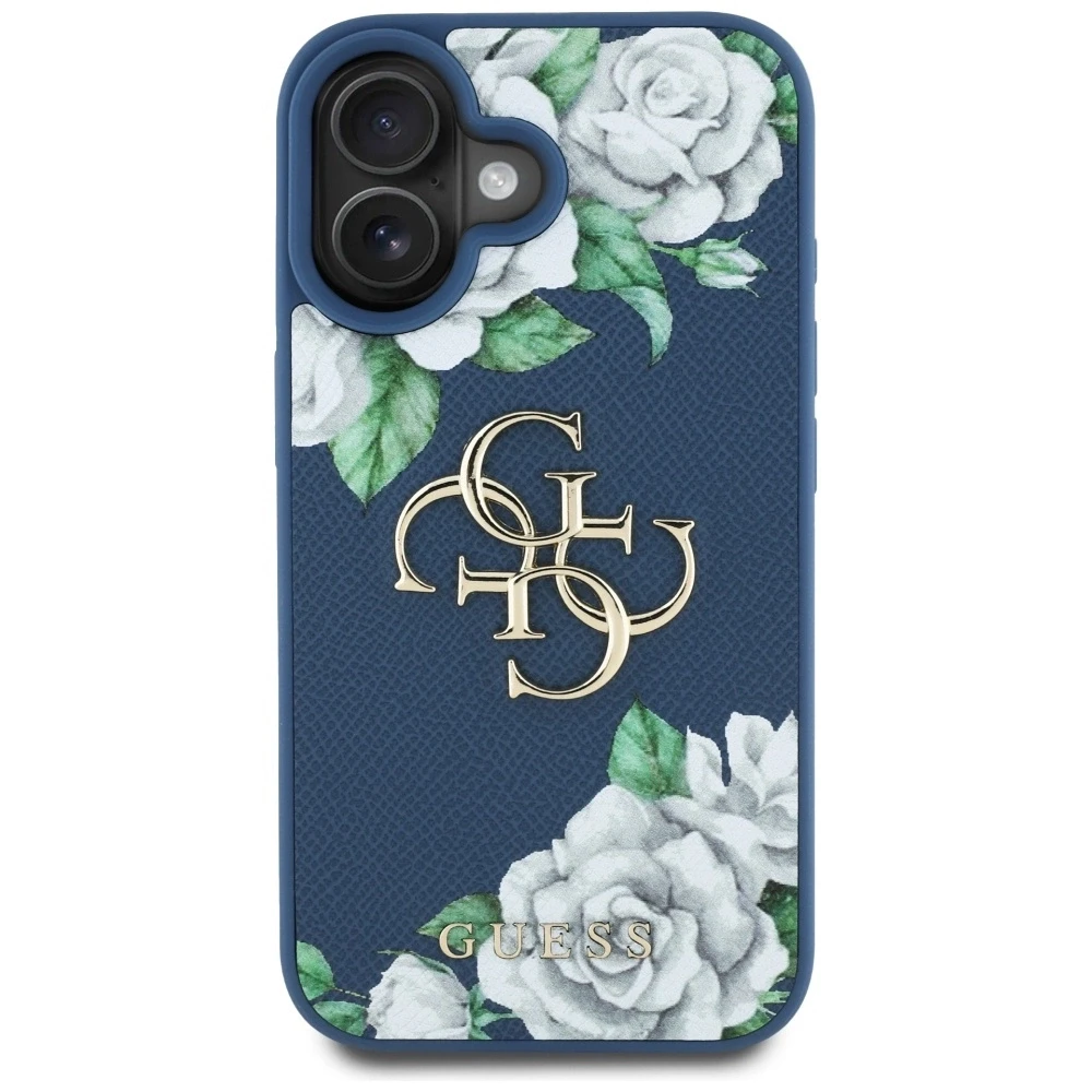 Dėklas Guess Grained Roses Big 4G logo Apple iPhone 16 mėlynas