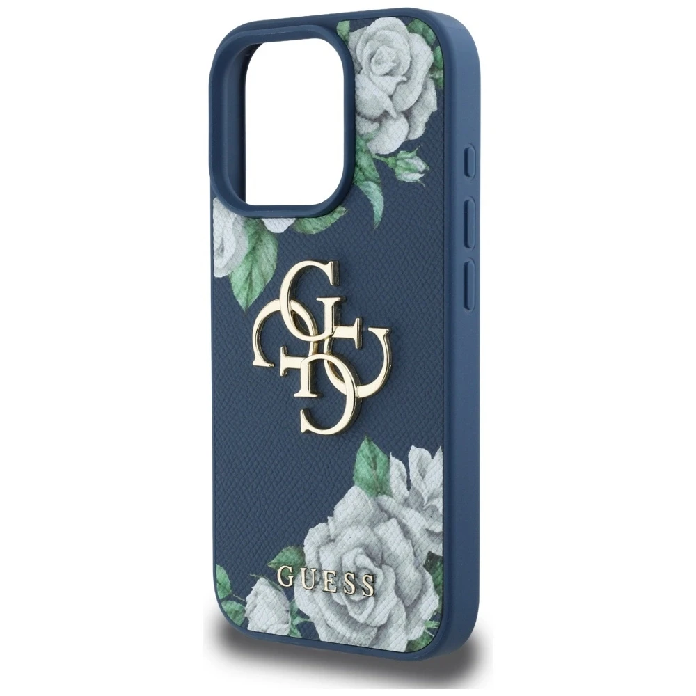 Dėklas Guess Grained Roses Big 4G logo Apple iPhone 16 Pro mėlynas