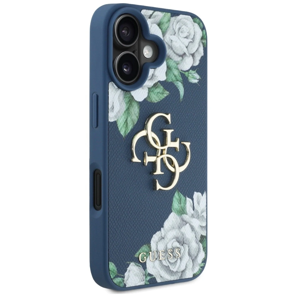 Dėklas Guess Grained Roses Big 4G logo Apple iPhone 16 mėlynas