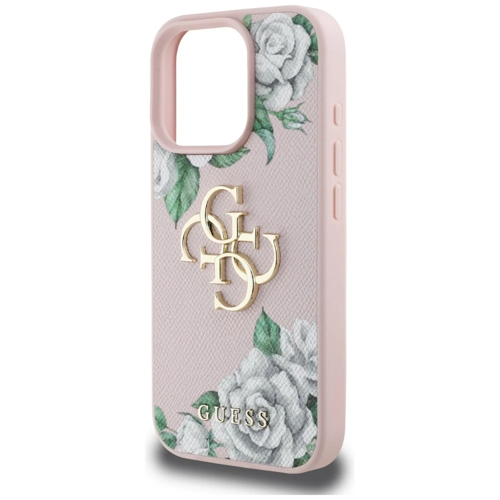 Guess PU Grained Roses 4G Metal Logo dėklas skirtas Apple iPhone 16 Pro rožinės spalvos