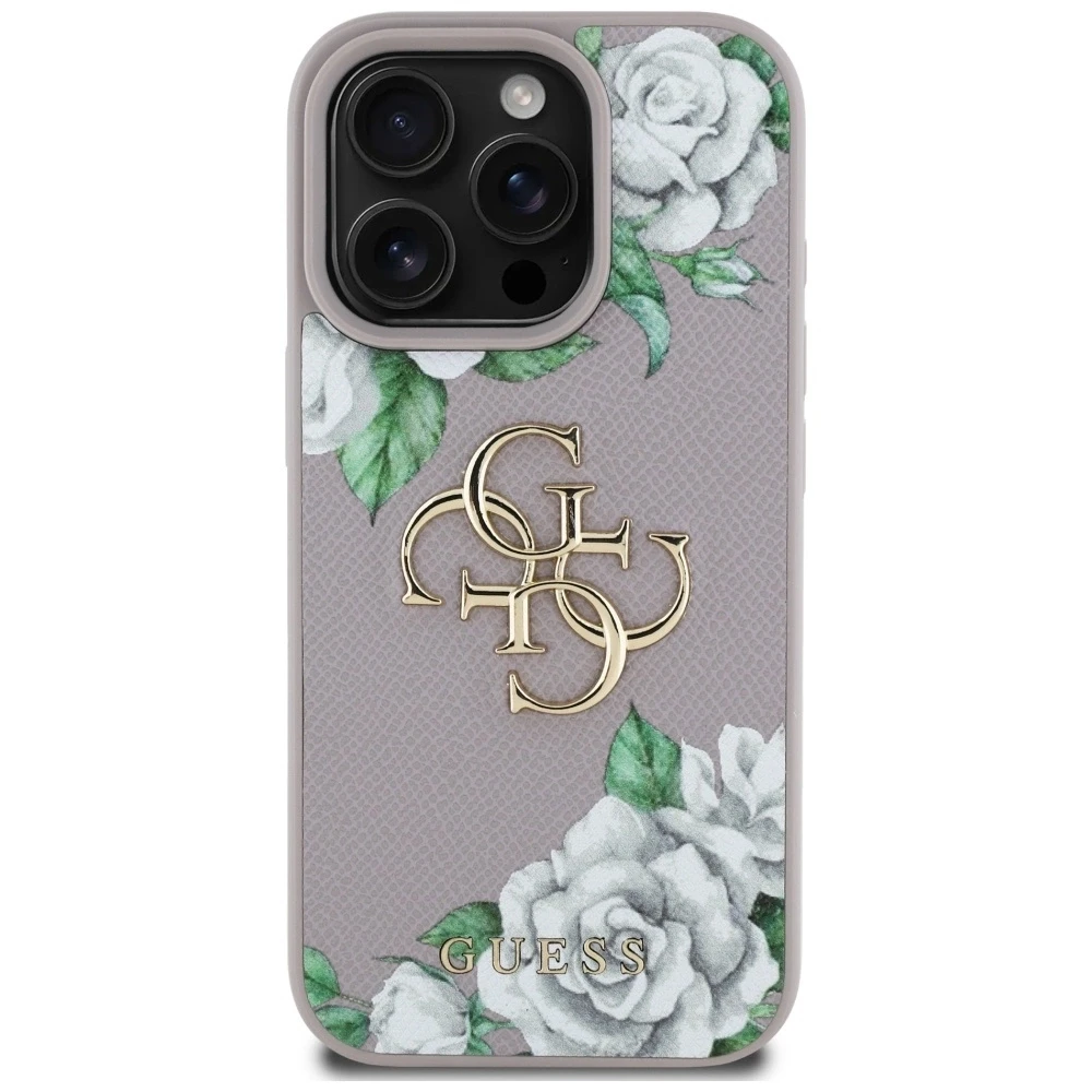 Dėklas Guess Grained Roses Big 4G logo iPhone 16 Pro Max violetinės spalvos