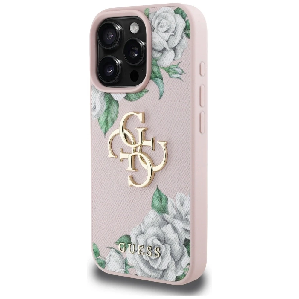Guess PU Grained Roses 4G Metal Logo dėklas skirtas Apple iPhone 16 Pro rožinės spalvos