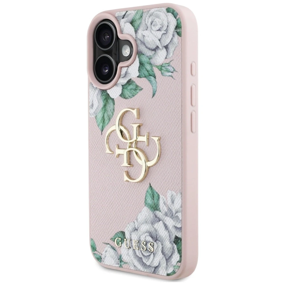 Dėklas Guess Grained Roses Big 4G logo Apple iPhone 16 rožinės spalvos