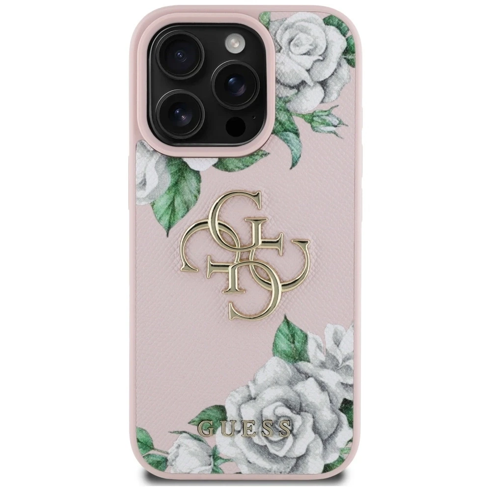 Guess PU Grained Roses 4G Metal Logo dėklas skirtas Apple iPhone 16 Pro rožinės spalvos