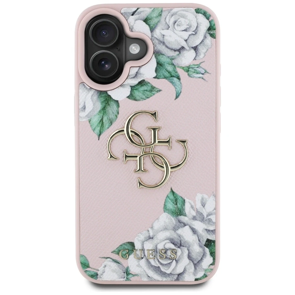 Dėklas Guess Grained Roses Big 4G logo Apple iPhone 16 rožinės spalvos