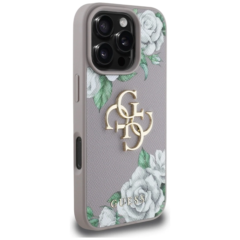 Dėklas Guess Grained Roses Big 4G logo iPhone 16 Pro Max violetinės spalvos