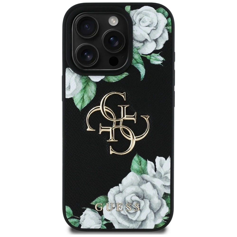 Dėklas Guess Grained Roses Big 4G logo Apple iPhone 16 Pro juodos spalvos
