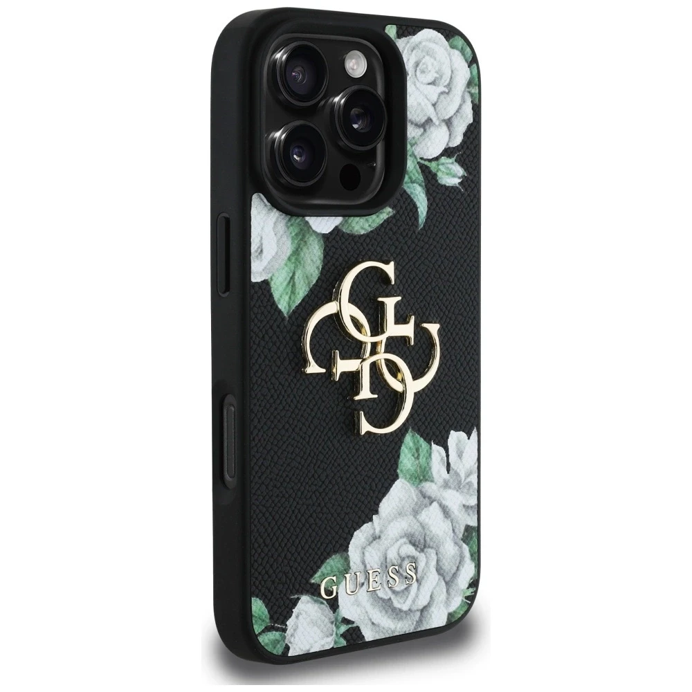 Dėklas Guess Grained Roses Big 4G logo Apple iPhone 16 Pro juodos spalvos