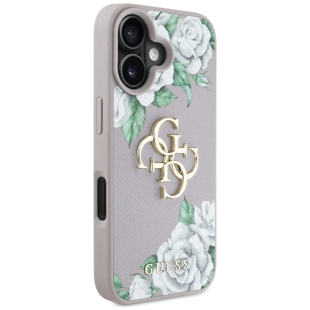 Dėklas Guess Grained Roses Big 4G logo Apple iPhone 16 violetinės spalvos