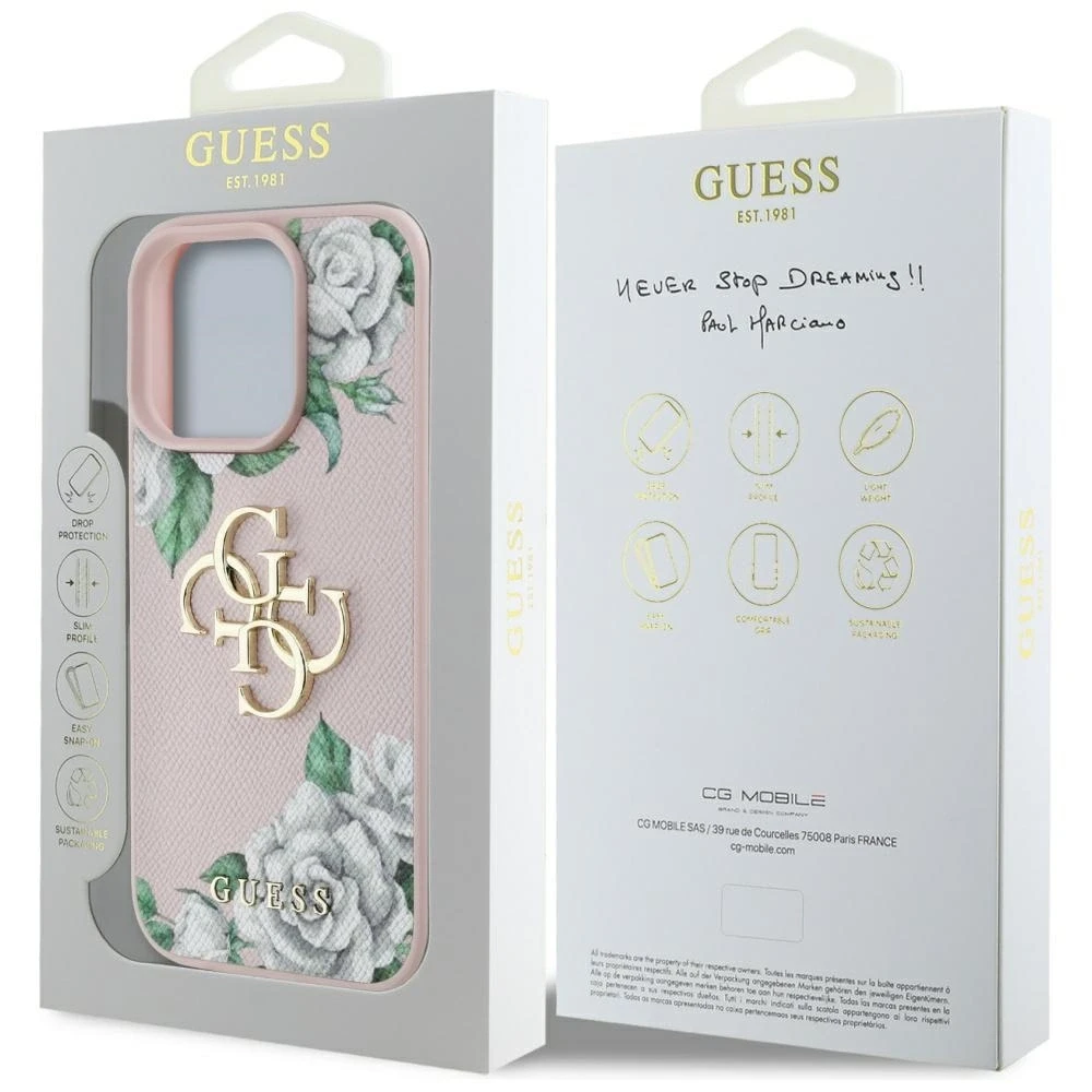 Guess PU Grained Roses 4G Metal Logo dėklas skirtas Apple iPhone 16 Pro rožinės spalvos