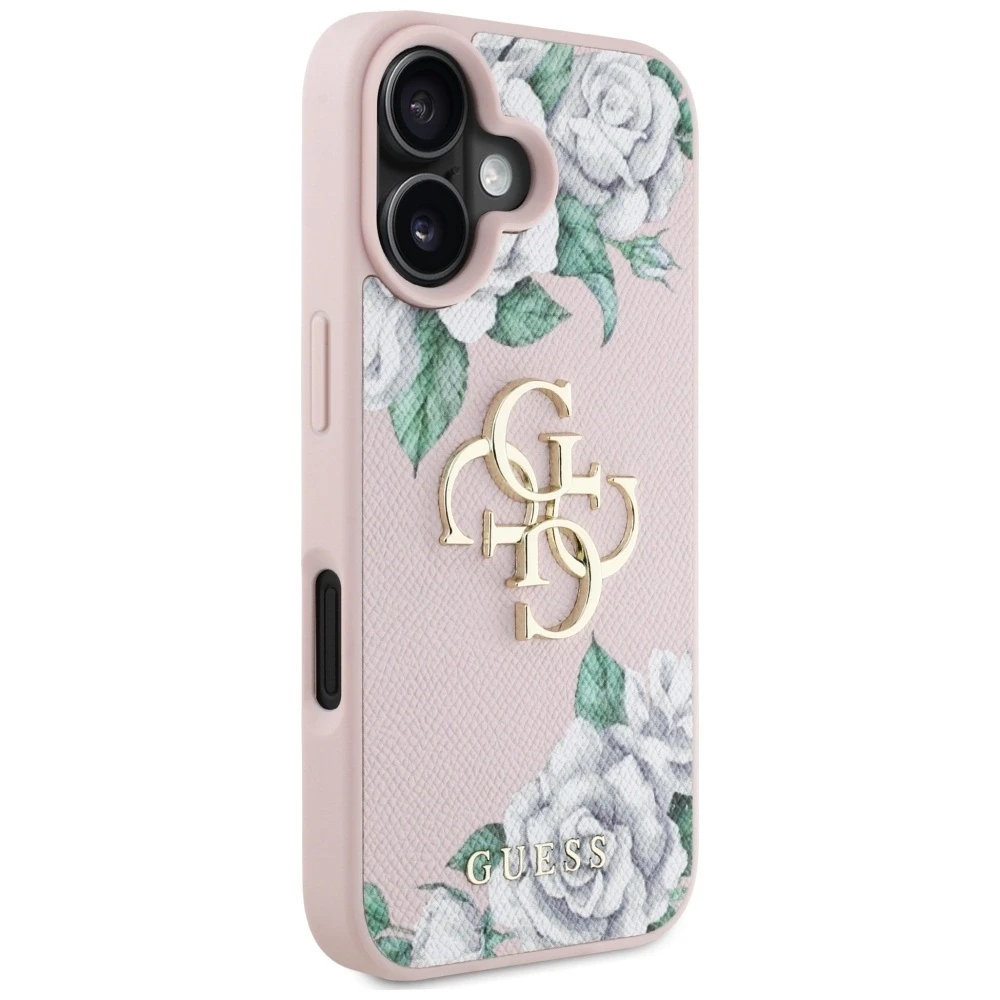 Dėklas Guess Grained Roses Big 4G logo Apple iPhone 16 rožinės spalvos