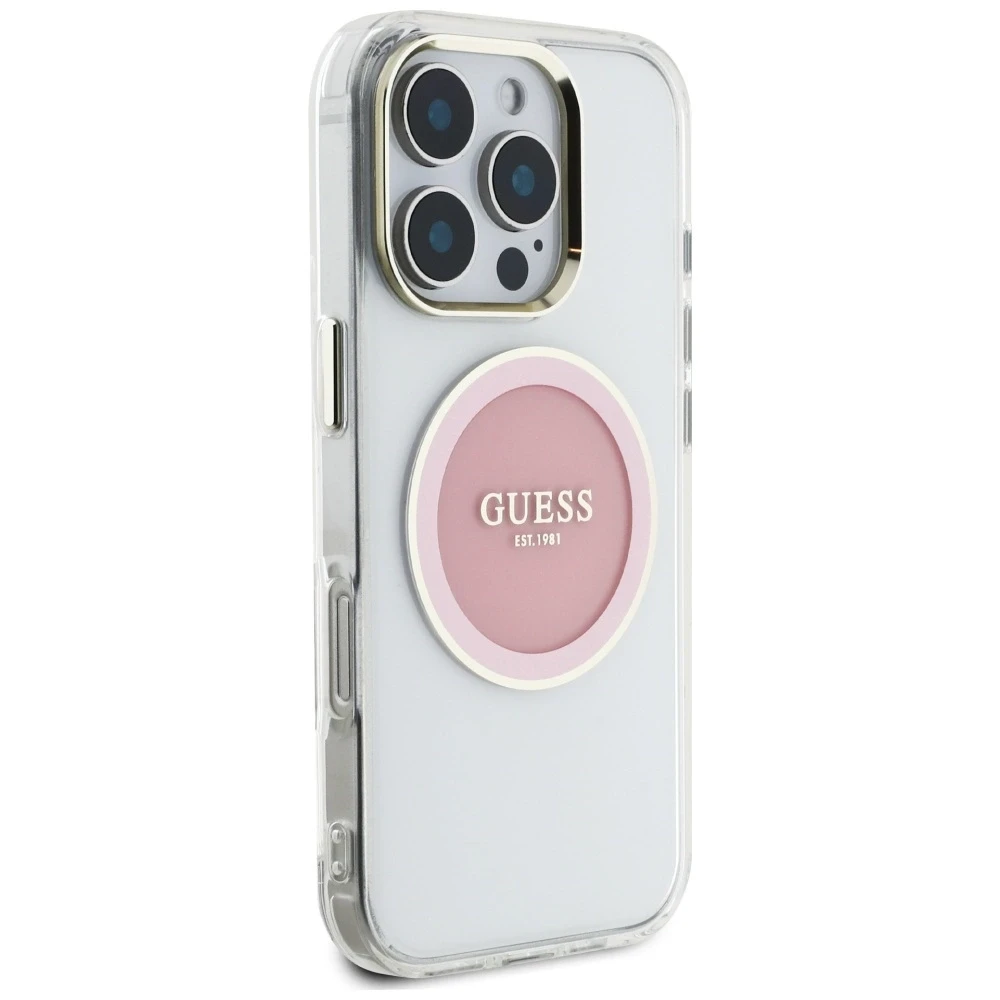 Dėklas Guess IML Metal Colored Circle Classic Logo MagSafe Apple iPhone 16 Pro rožinės spalvos