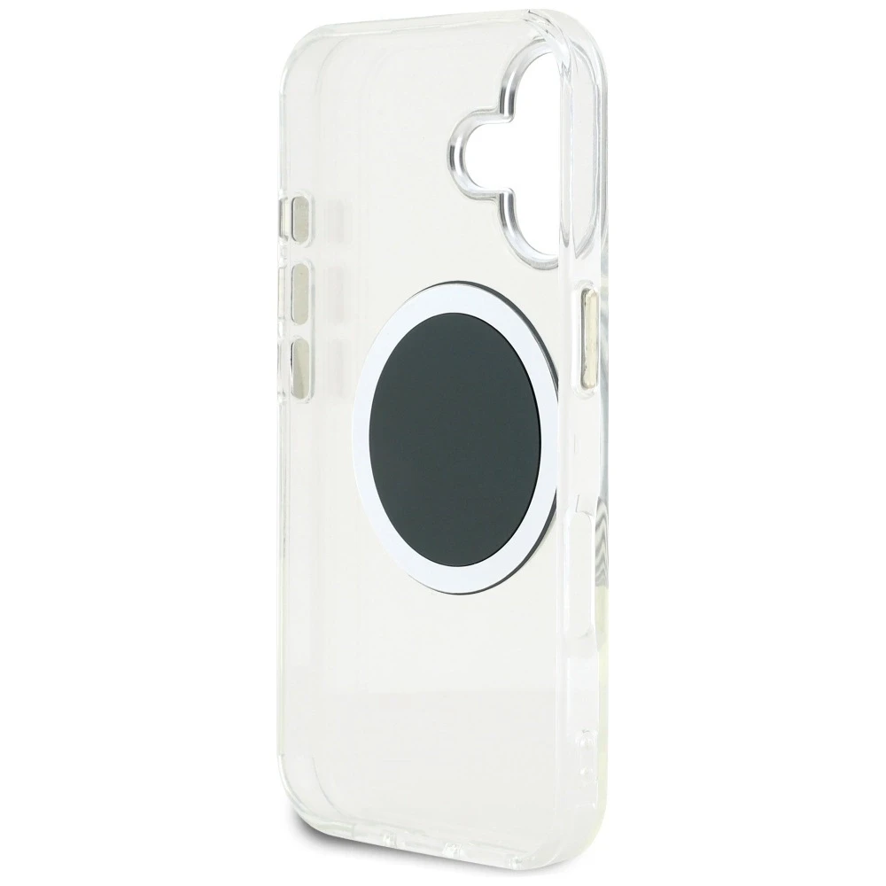 Dėklas Guess IML Metal Colored Circle Classic Logo MagSafe Apple iPhone 16 juodos spalvos