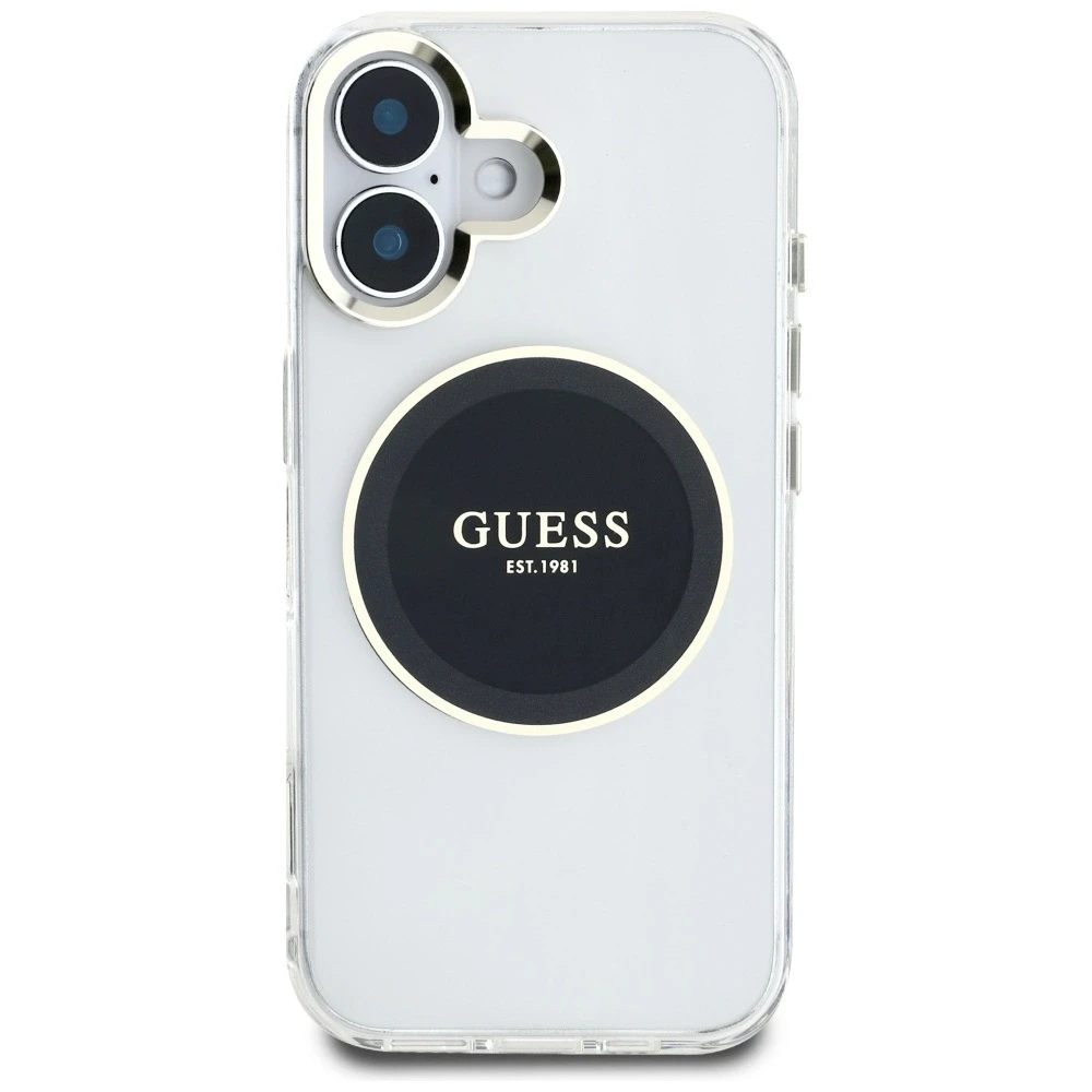Dėklas Guess IML Metal Colored Circle Classic Logo MagSafe Apple iPhone 16 juodos spalvos