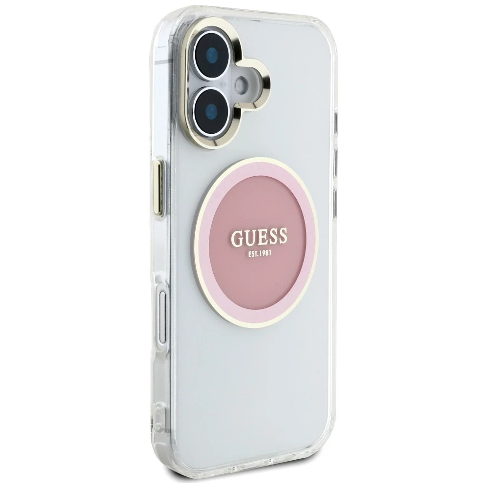 Dėklas Guess IML Metal Colored Circle Classic Logo MagSafe Apple iPhone 16 rožinės spalvos