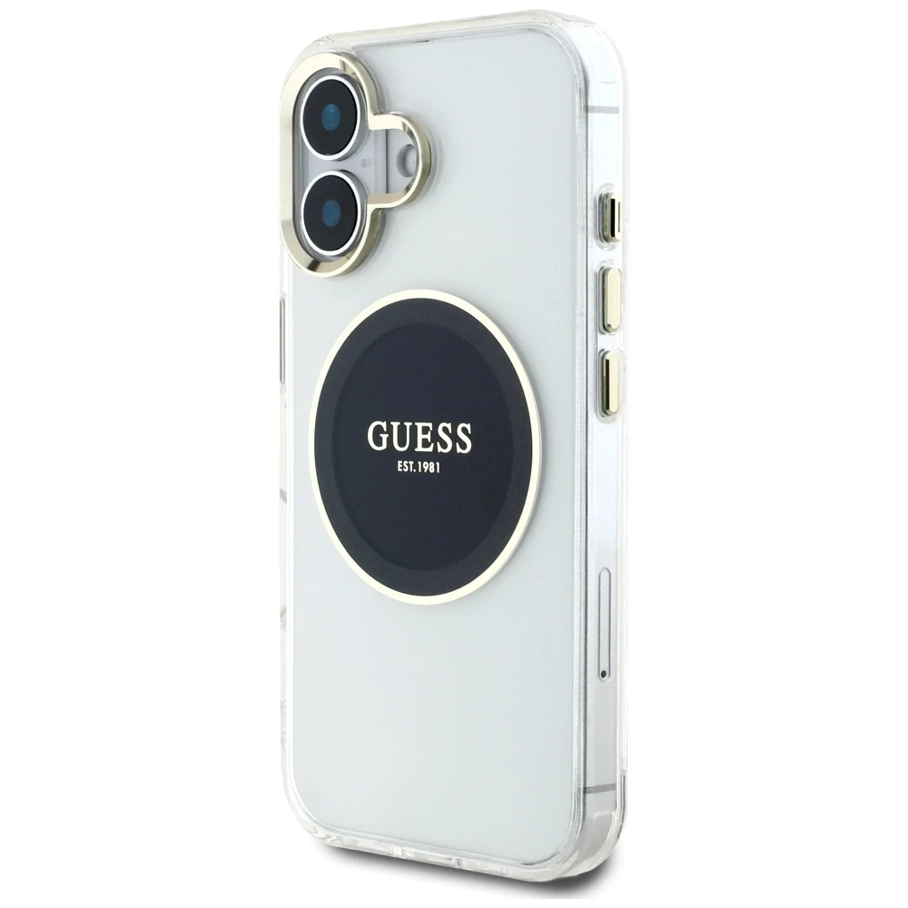 Dėklas Guess IML Metal Colored Circle Classic Logo MagSafe Apple iPhone 16 juodos spalvos