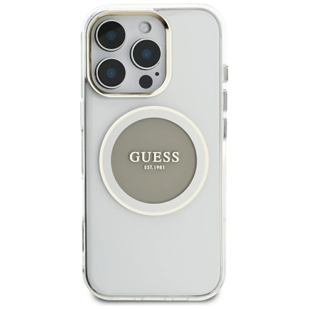 Dėklas Guess IML Metal Colored Circle Classic Logo MagSafe iPhone 16 Pro Max pilkas
