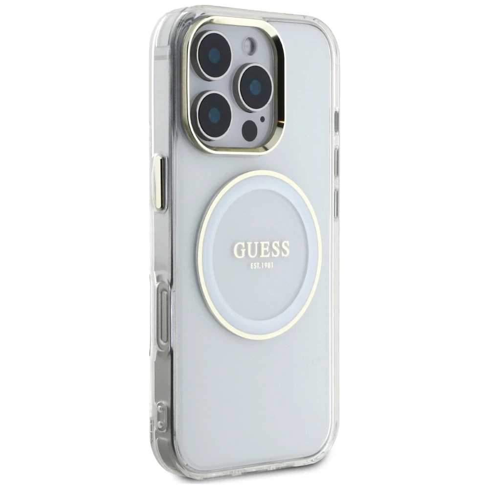 Dėklas Guess IML Metal Colored Circle Classic Logo MagSafe Apple iPhone 16 Pro baltos spalvos