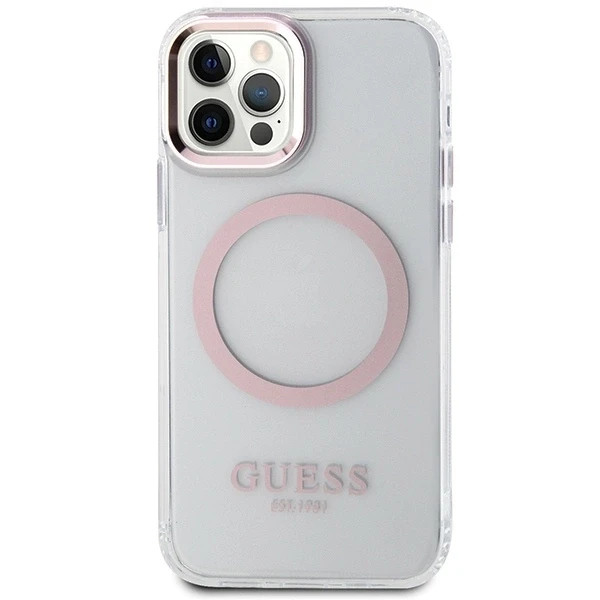 Guess GUHMP12MHTRMP Apple iPhone 12/12 Pro 6.1″ rožinės spalvos kietas dėklas Metal Outline Magsafe