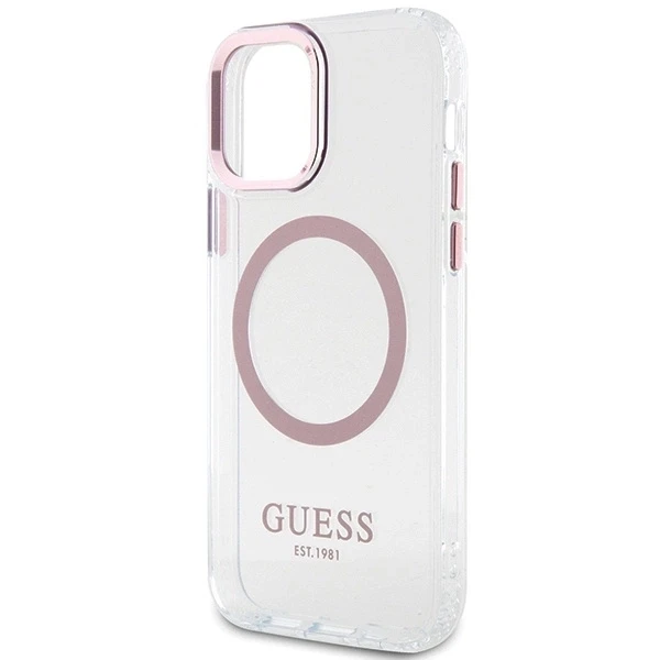 Guess GUHMP12MHTRMP Apple iPhone 12/12 Pro 6.1″ rožinės spalvos kietas dėklas Metal Outline Magsafe