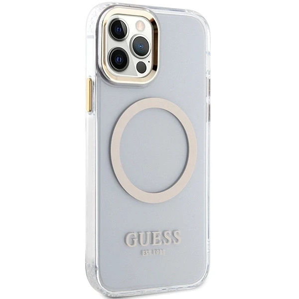 Guess GUHMP12MHTRMD Apple iPhone 12/12 Pro 6.1″ auksinis kietas dėklas Metal Outline Magsafe