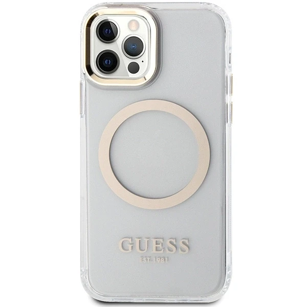 Guess GUHMP12MHTRMD Apple iPhone 12/12 Pro 6.1″ auksinis kietas dėklas Metal Outline Magsafe
