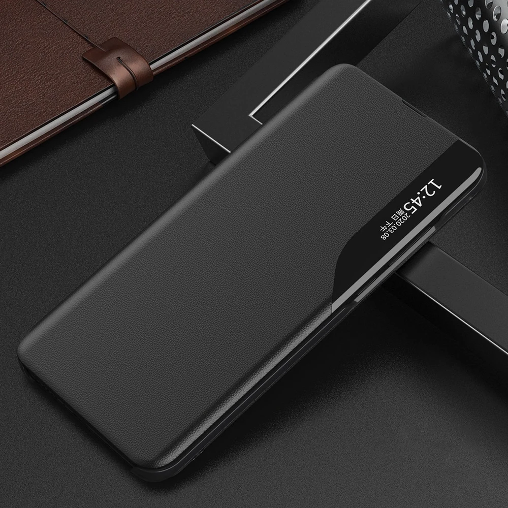 Hurtel Eco Leather View Samsung Galaxy A24 4G atverčiamas su stoveliu dėklas telefonui juodos spalvos