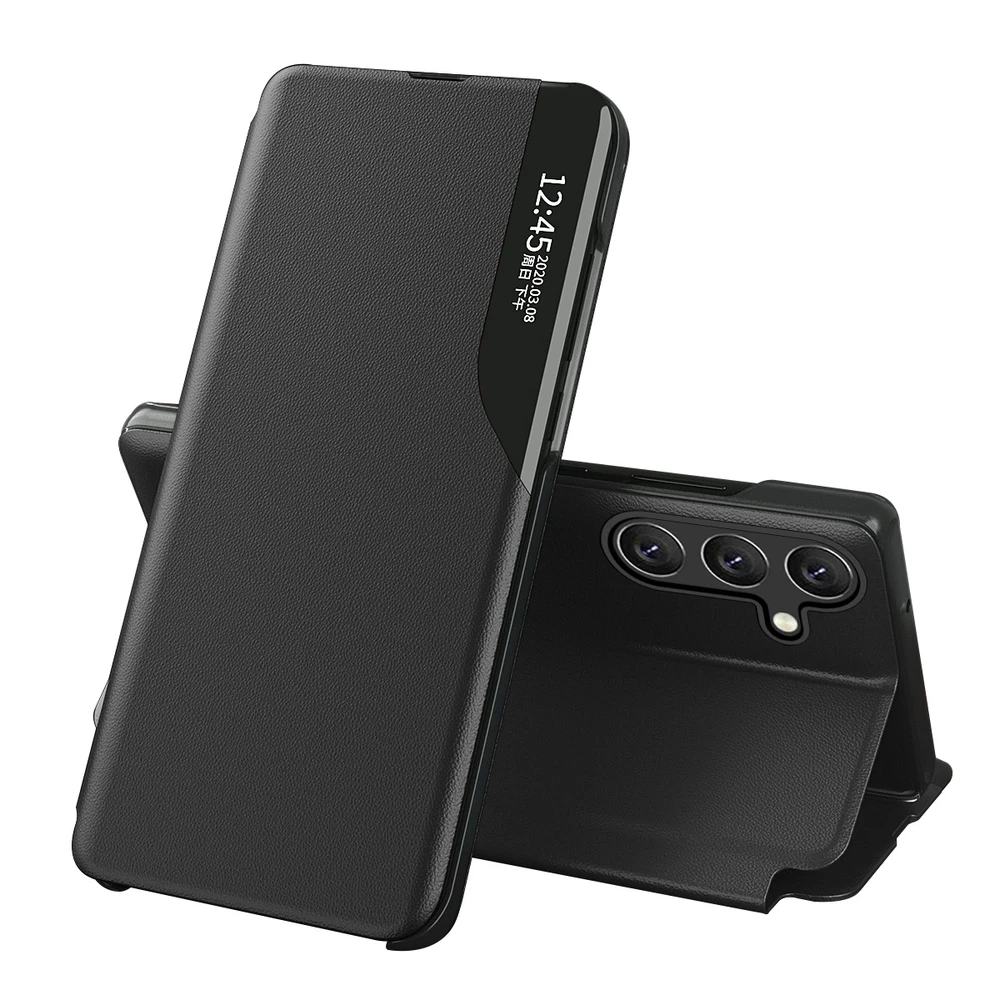 Hurtel Eco Leather View Samsung Galaxy A24 4G atverčiamas su stoveliu dėklas telefonui mėlynos spalvos