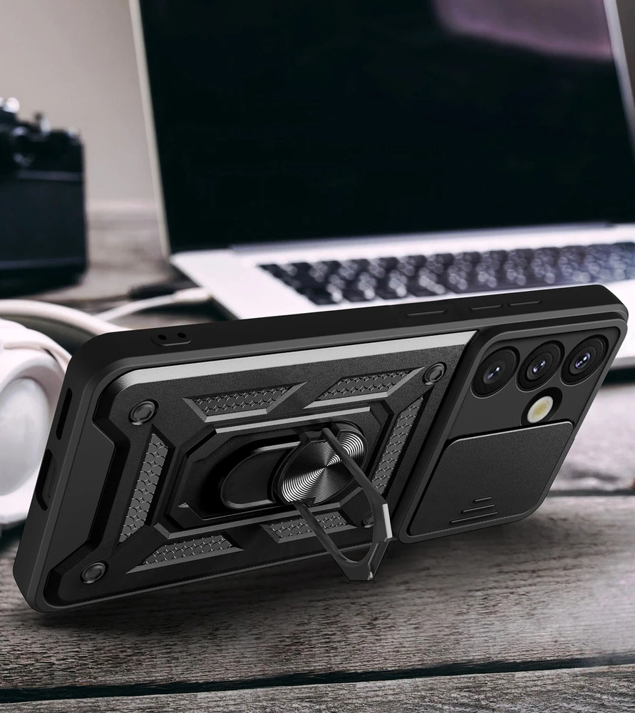 Hurtel Hybrid Armor Camshield dėklas su Stand and Camera dėklas skirtas Vivo Y39 5G / Y300i 5G – juodos spalvos
