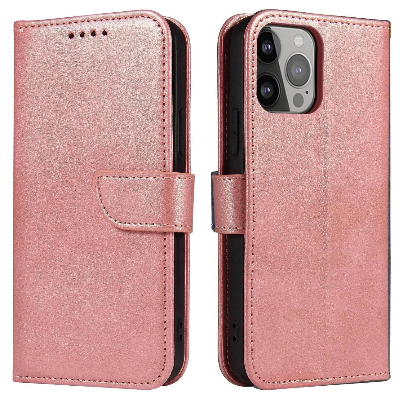 Hurtel Wallet su stoveliu Apple iPhone 15 Plus Magnet – dėklas telefonui rožinės spalvos