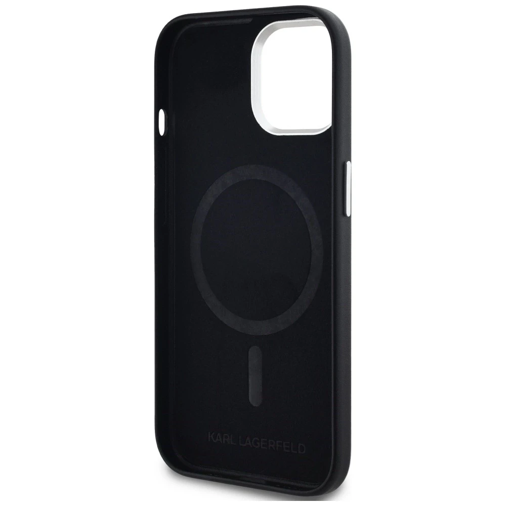 Dėklas Karl Lagerfeld FW Metal Plate MagSafe Apple iPhone 15 juodos spalvos