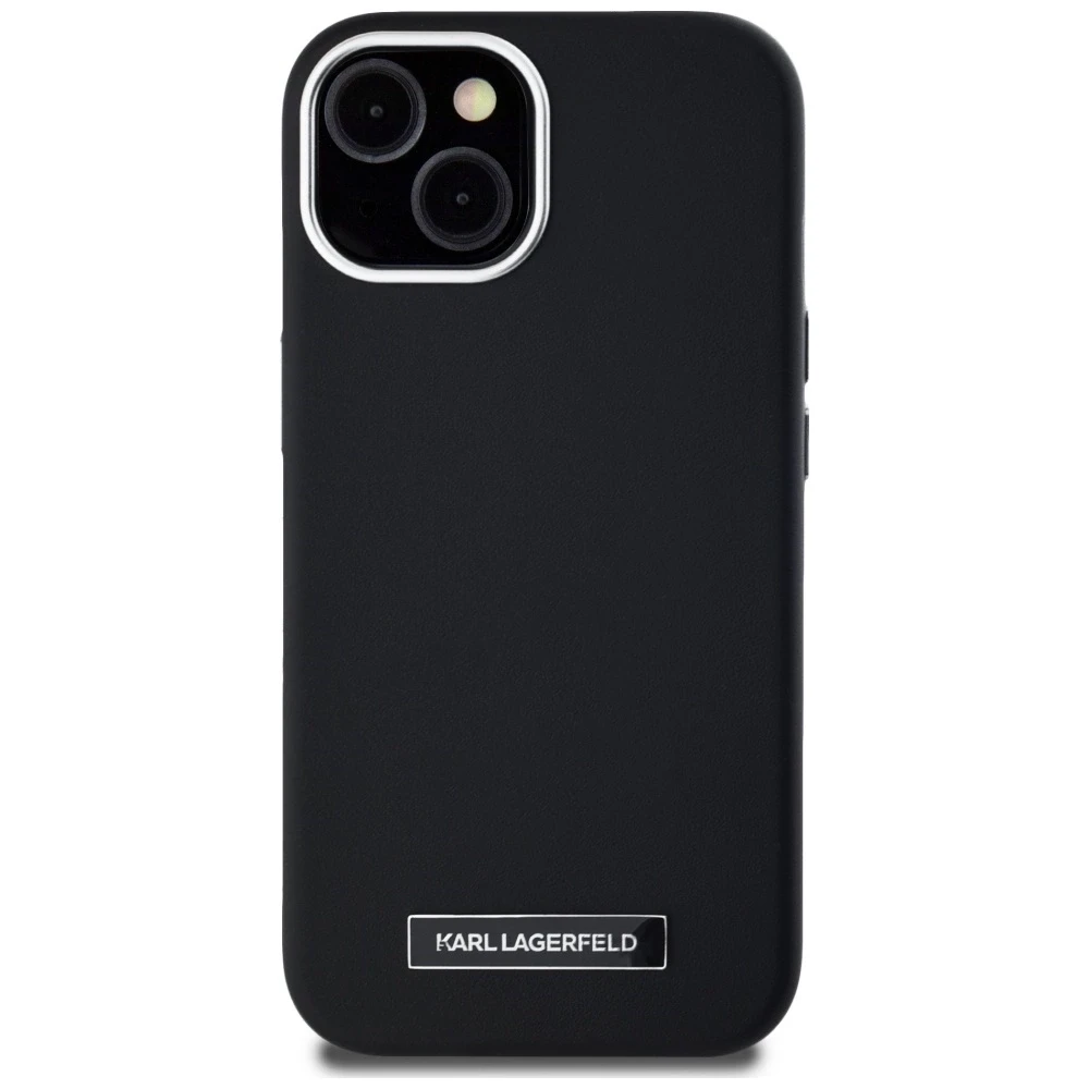 Dėklas Karl Lagerfeld FW Metal Plate MagSafe Apple iPhone 15 juodos spalvos