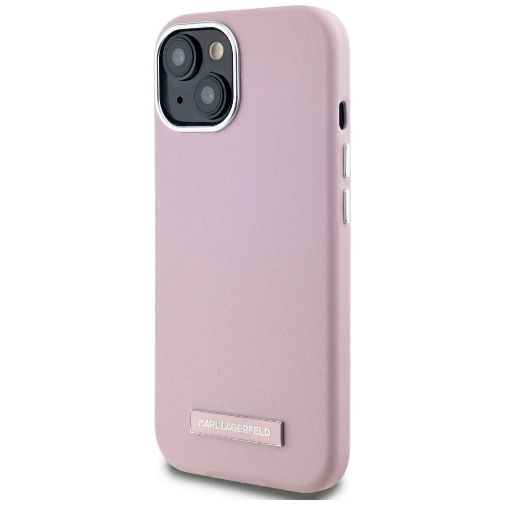 Dėklas Karl Lagerfeld FW Metal Plate MagSafe Apple iPhone 15 rožinės spalvos