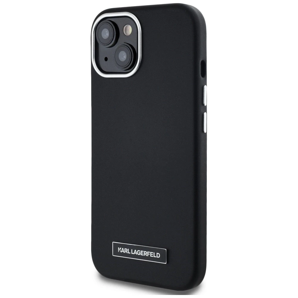 Dėklas Karl Lagerfeld FW Metal Plate MagSafe Apple iPhone 15 juodos spalvos