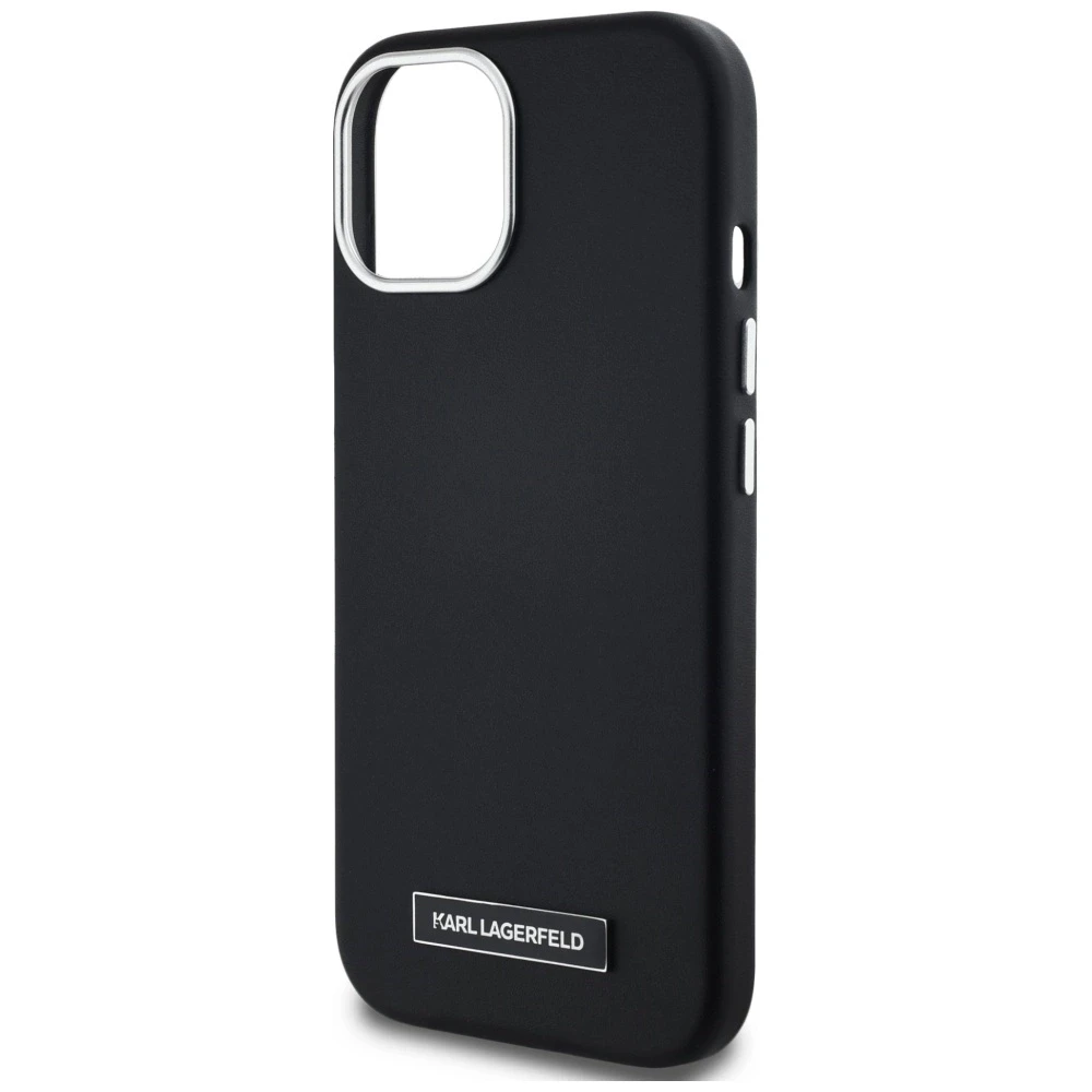 Dėklas Karl Lagerfeld FW Metal Plate MagSafe Apple iPhone 15 juodos spalvos