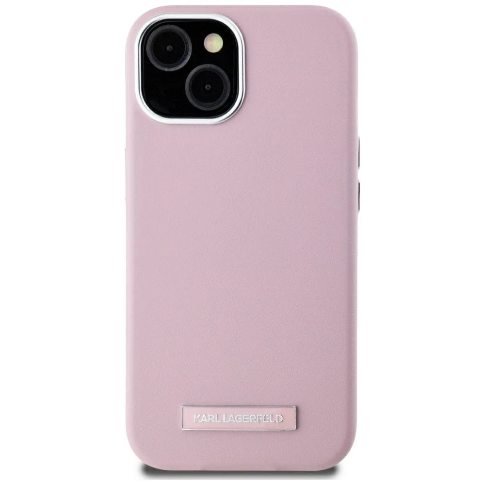 Dėklas Karl Lagerfeld FW Metal Plate MagSafe Apple iPhone 15 rožinės spalvos