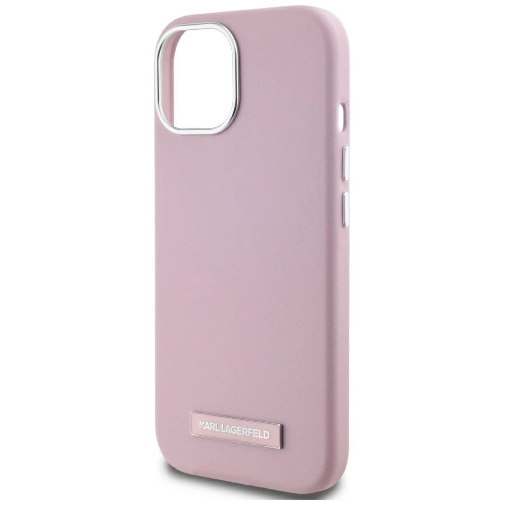 Dėklas Karl Lagerfeld FW Metal Plate MagSafe Apple iPhone 15 rožinės spalvos